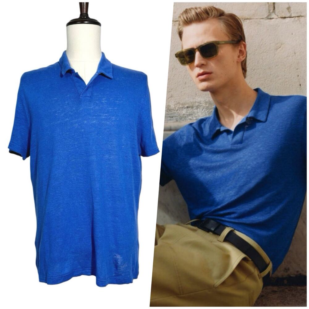 COS | Men | Royal Blue Linen Regular Fit Havana Collar Slub Polo Shirt | Size XL